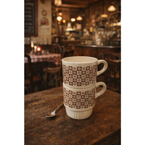 2 Vintage Café Pedestal Coffee Mugs Brown Floral Checker Set 2 Retro Diner Cups